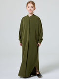 Premium Kids’ Abaya Turkish Abaya for Girls Middle Eastern Solid Colour Stand-up Collar Buttoned Robe - Green / 120cm
