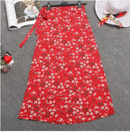 Printed Lace-up Wrap Skirt With Slits - Red sky / One size