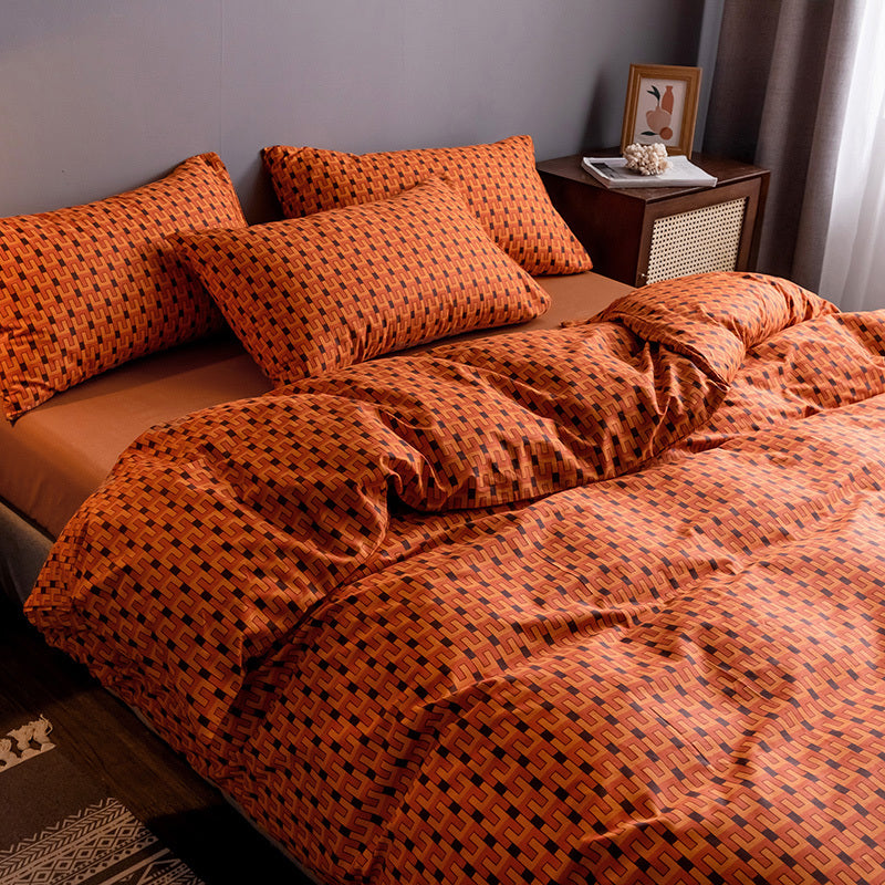 Pure Cotton Fitted Sheet and Quilt Set - Ivey Orange / 1.8m bed sheet set of four - Bedding Set
