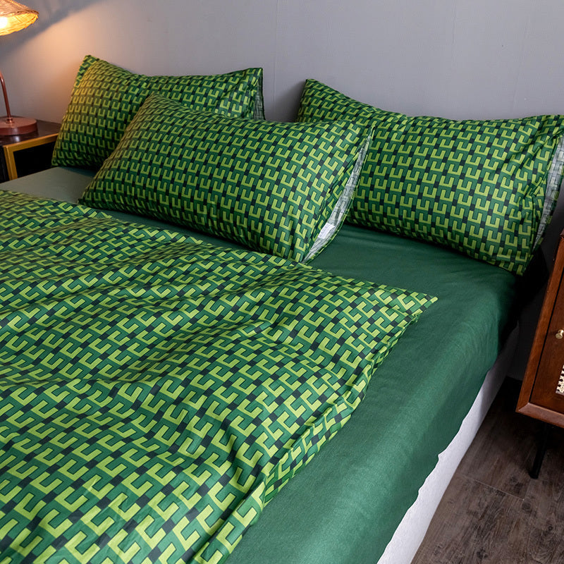Pure Cotton Fitted Sheet and Quilt Set - Wild Green / 1.8m bed sheet set of four - Bedding Set