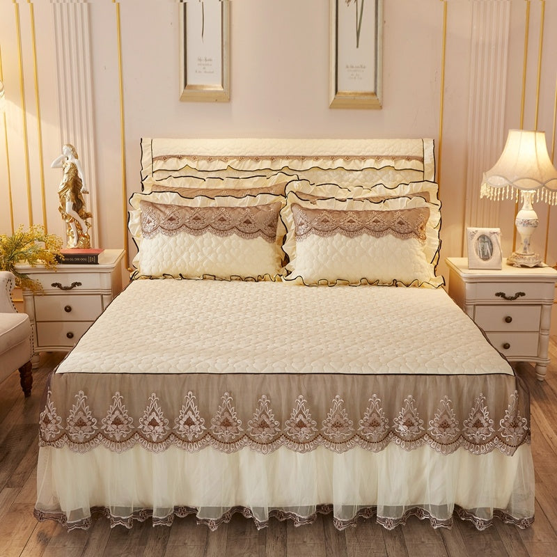 Quilted Luxury Lace Cotton Bed Skirt Suit - Light Sha Man Dance Beige / 120x200 / Pillowcase bedside cover bed