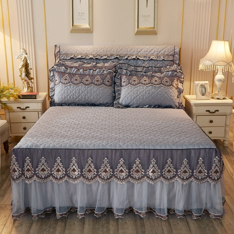 Quilted Luxury Lace Cotton Bed Skirt Suit - Light Sha Man Dance Light Gra / 120x200 / Pillowcase bedside cover bed