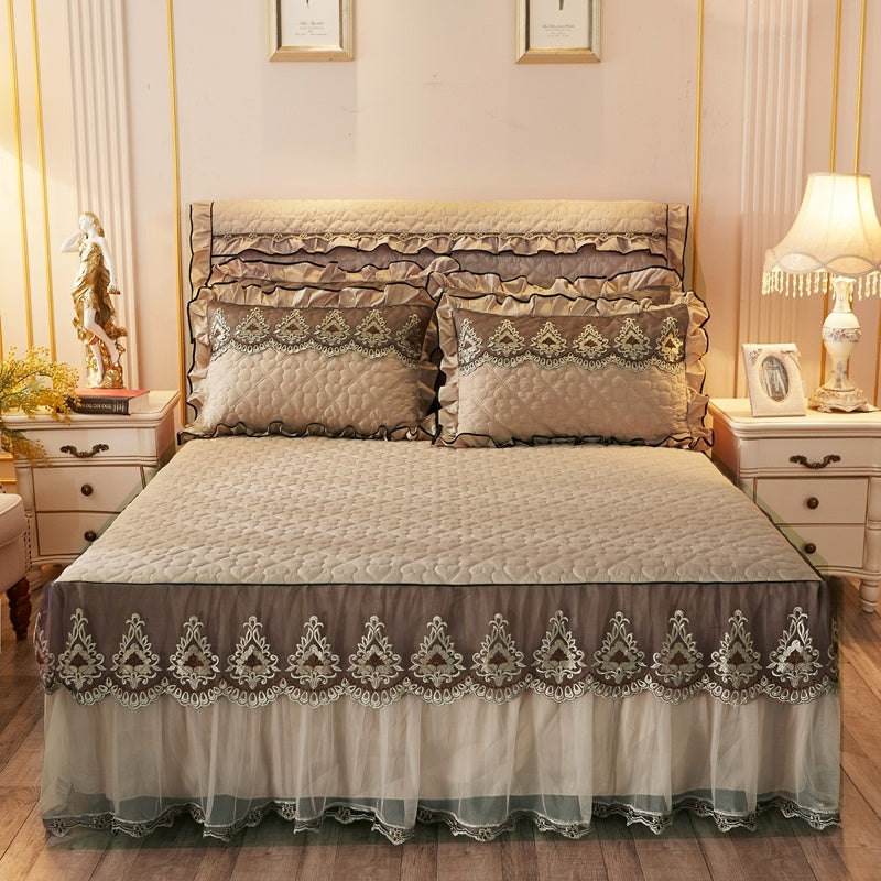 Quilted Luxury Lace Cotton Bed Skirt Suit - Light Sha Man Dance Khaki / 120x200 / Pillowcase bedside cover bed