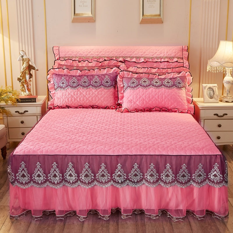 Quilted Luxury Lace Cotton Bed Skirt Suit - Light Sha Man Dance Pink Jade / 120x200 / Pillowcase bedside cover bed