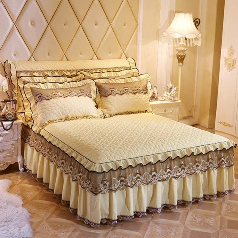 Quilted Luxury Lace Cotton Bed Skirt Suit - Menglian Xinyu beige / 120x200 / Pillowcase bedside cover bed - Bedding Set