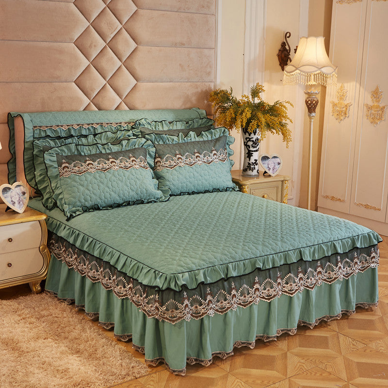 Quilted Luxury Lace Cotton Bed Skirt Suit - Menglian Xinyu Fruit green / 120x200 / Pillowcase bedside cover bed