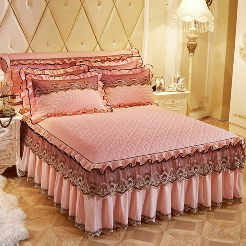 Quilted Luxury Lace Cotton Bed Skirt Suit - Menglian Xinyu jade / 120x200 / Pillowcase bedside cover bed - Bedding Set