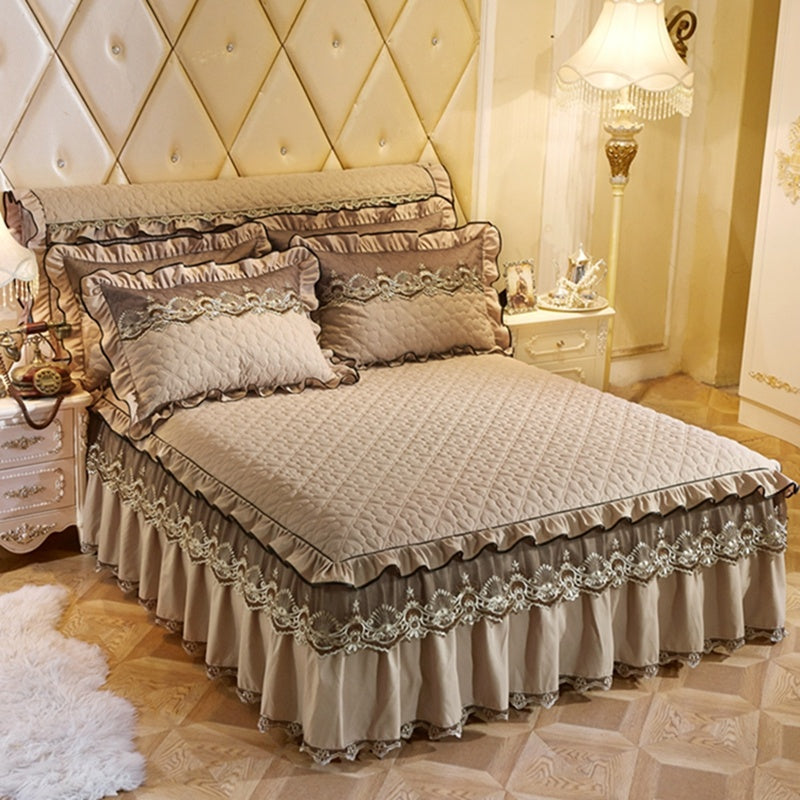 Quilted Luxury Lace Cotton Bed Skirt Suit - Menglian Xinyu Khaki / 120x200 / Pillowcase bedside cover bed - Bedding Set