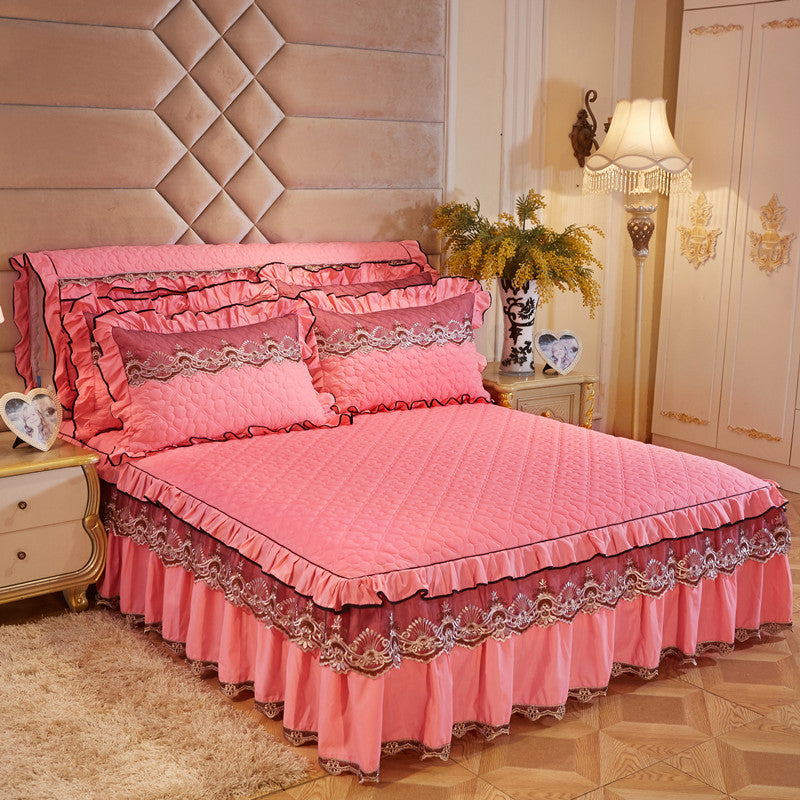 Quilted Luxury Lace Cotton Bed Skirt Suit - Menglian Xinyu pink jade / 120x200 / Pillowcase bedside cover bed - Bedding