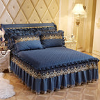 Quilted Luxury Lace Cotton Bed Skirt Suit - Menglian Xinyu sapphire blue / 120x200 / Pillowcase bedside cover bed