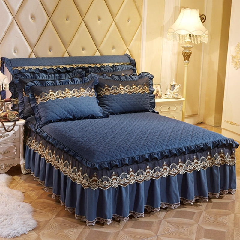 Quilted Luxury Lace Cotton Bed Skirt Suit - Menglian Xinyu sapphire blue / 120x200 / Pillowcase bedside cover bed