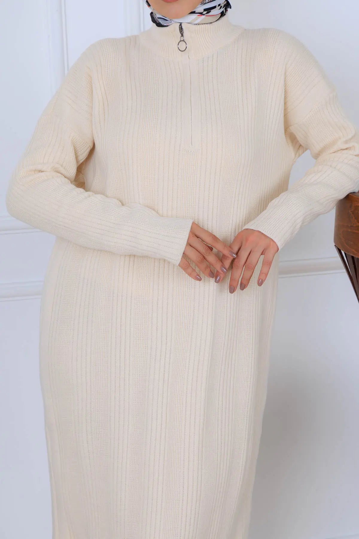 Ribbed Knit Dress | Beige – NEOMODEST product image 2