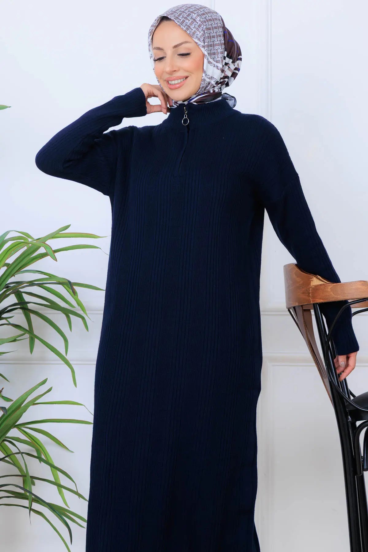 Ribbed Knit Dress | Navy Blue – NEOMODEST product image 3