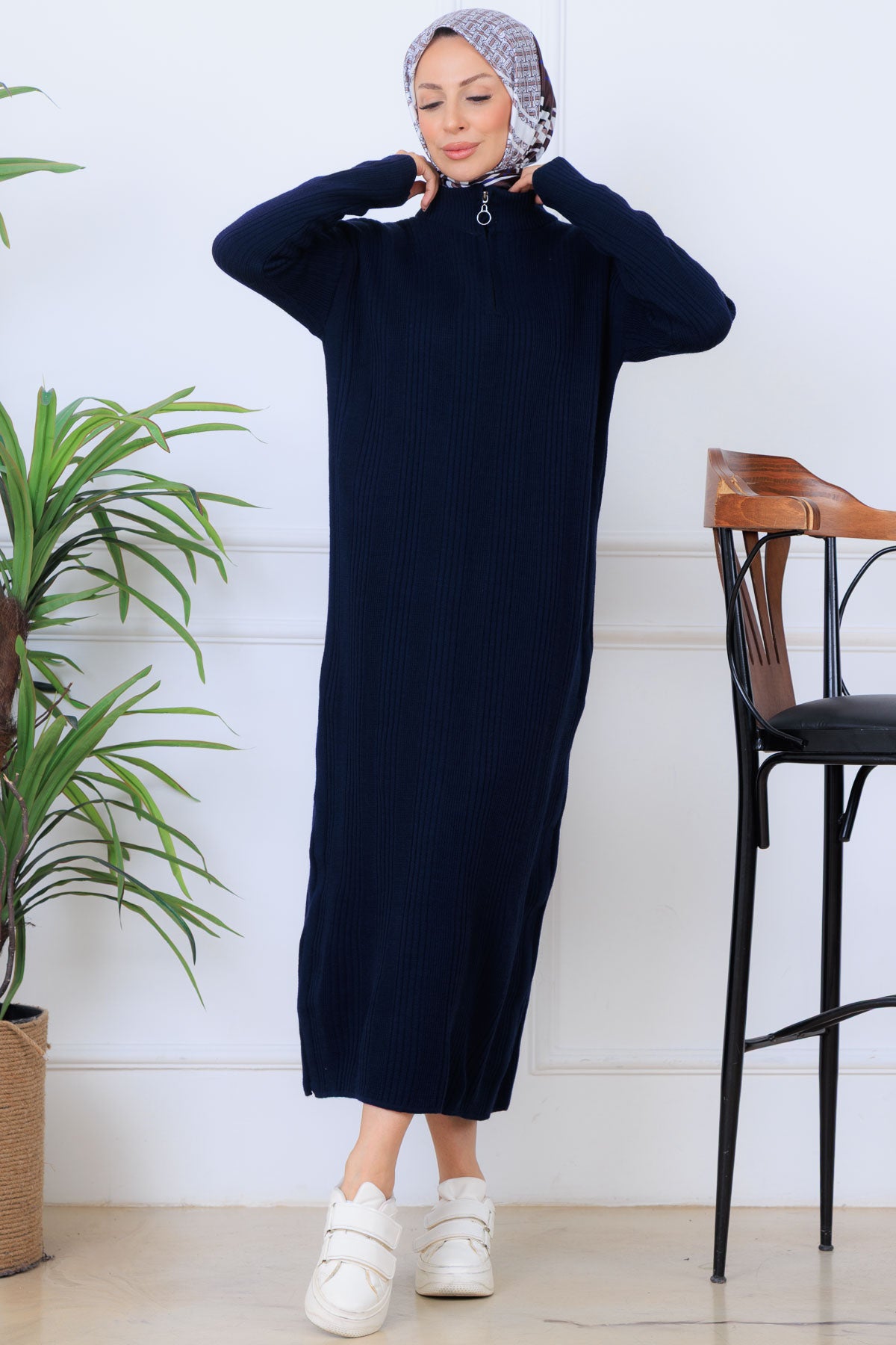 Ribbed Knit Dress | Navy Blue – NEOMODEST product image 1