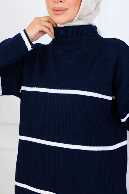 Ribbed Stripe-Detail Knitwear Suit in Navy Blue – NEOMODEST, image 3