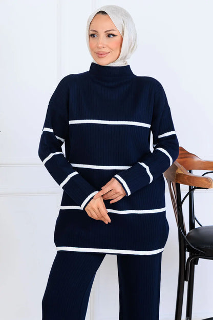 Ribbed Stripe-Detail Knitwear Suit in Navy Blue – NEOMODEST, image 4