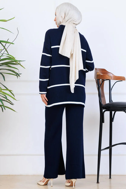 Ribbed Stripe-Detail Knitwear Suit in Navy Blue – NEOMODEST, image 5