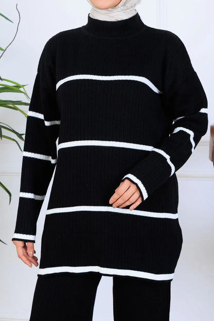 Ribbed Stripe-Detail Knitwear Suit in Black – NEOMODEST, image 2