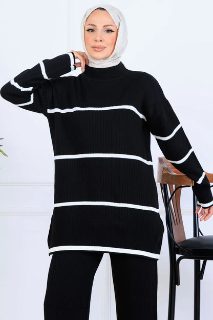 Ribbed Stripe-Detail Knitwear Suit in Black – NEOMODEST, image 3