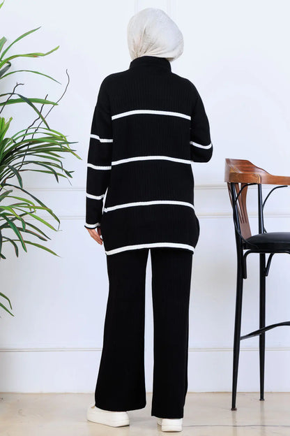 Ribbed Stripe-Detail Knitwear Suit in Black – NEOMODEST, image 5