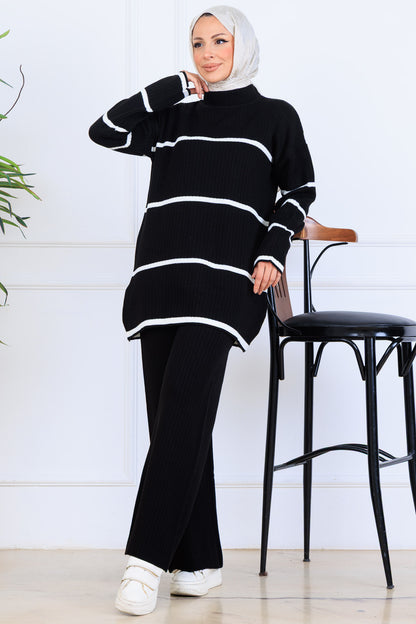 Ribbed Stripe-Detail Knitwear Suit in Black – NEOMODEST, image 1