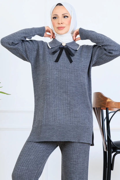 Ribbon Detail Knitwear Set | Grey – NEOMODEST, image 2
