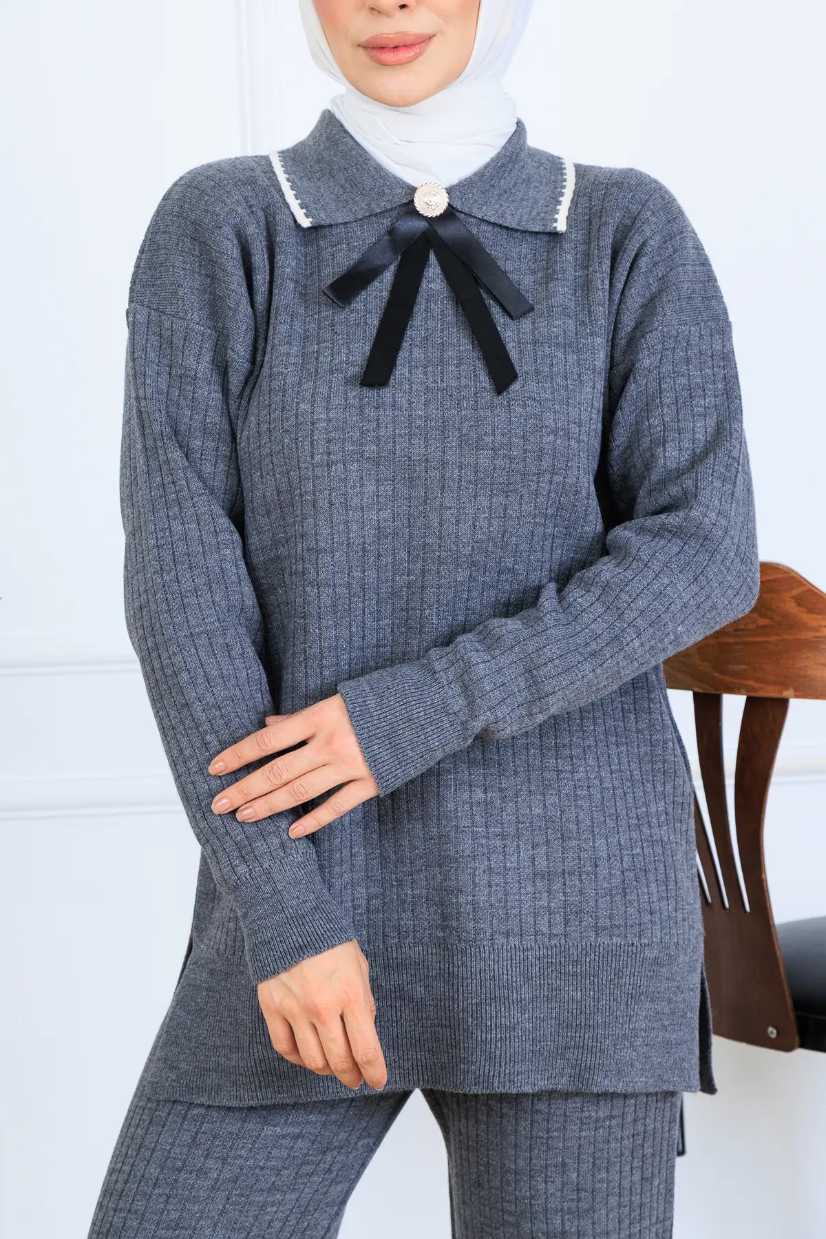 Ribbon Detail Knitwear Set | Grey – NEOMODEST, image 3