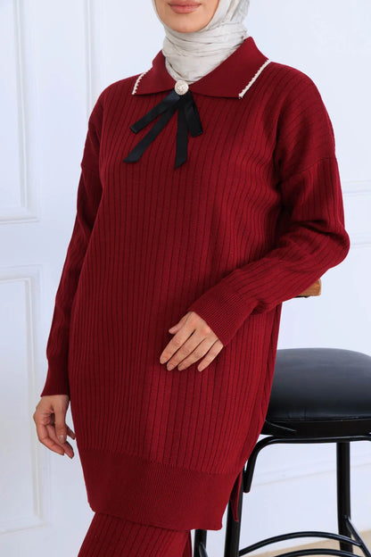 Ribbon Detail Knitwear Set | Claret Red – NEOMODEST, image 2