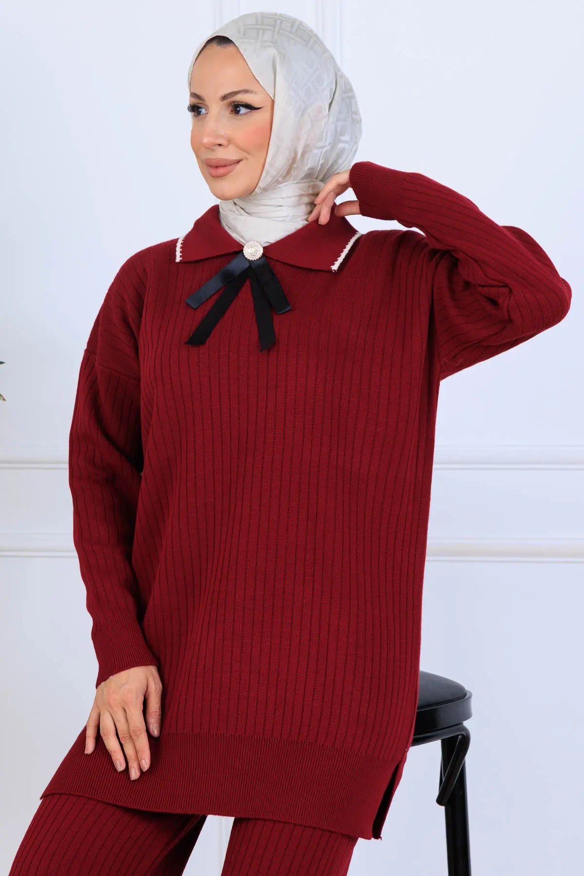 Ribbon Detail Knitwear Set | Claret Red – NEOMODEST, image 3