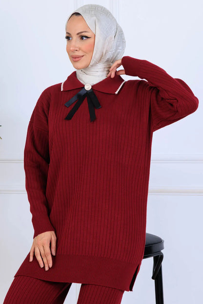 Ribbon Detail Knitwear Set | Claret Red – NEOMODEST, image 3