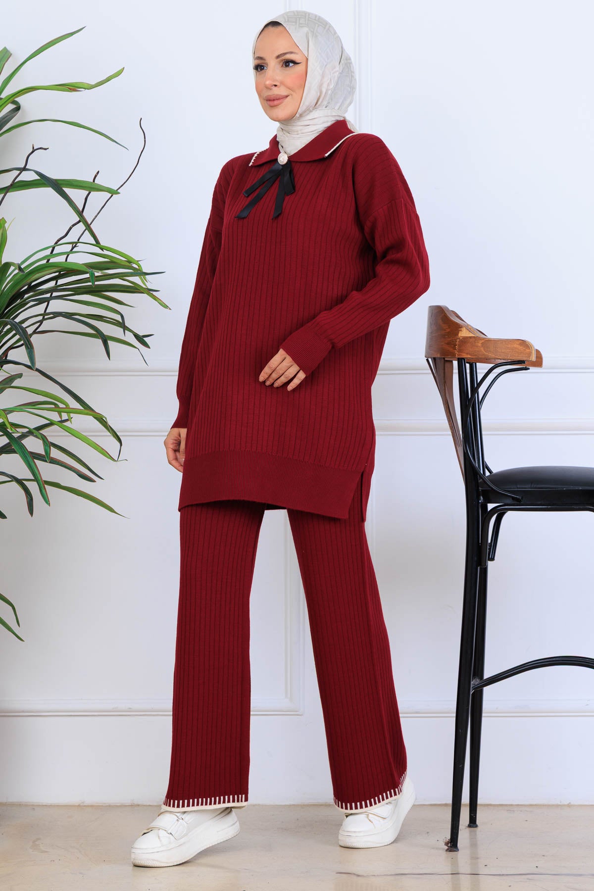 Ribbon Detail Knitwear Set | Claret Red – NEOMODEST, image 1