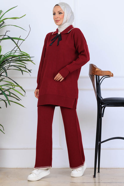 Ribbon Detail Knitwear Set | Claret Red – NEOMODEST, image 1