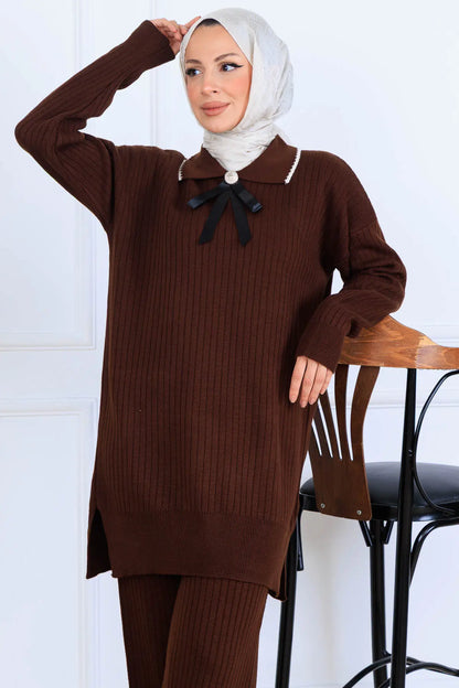 Ribbon Detail Knitwear Set | Brown – NEOMODEST, image 3