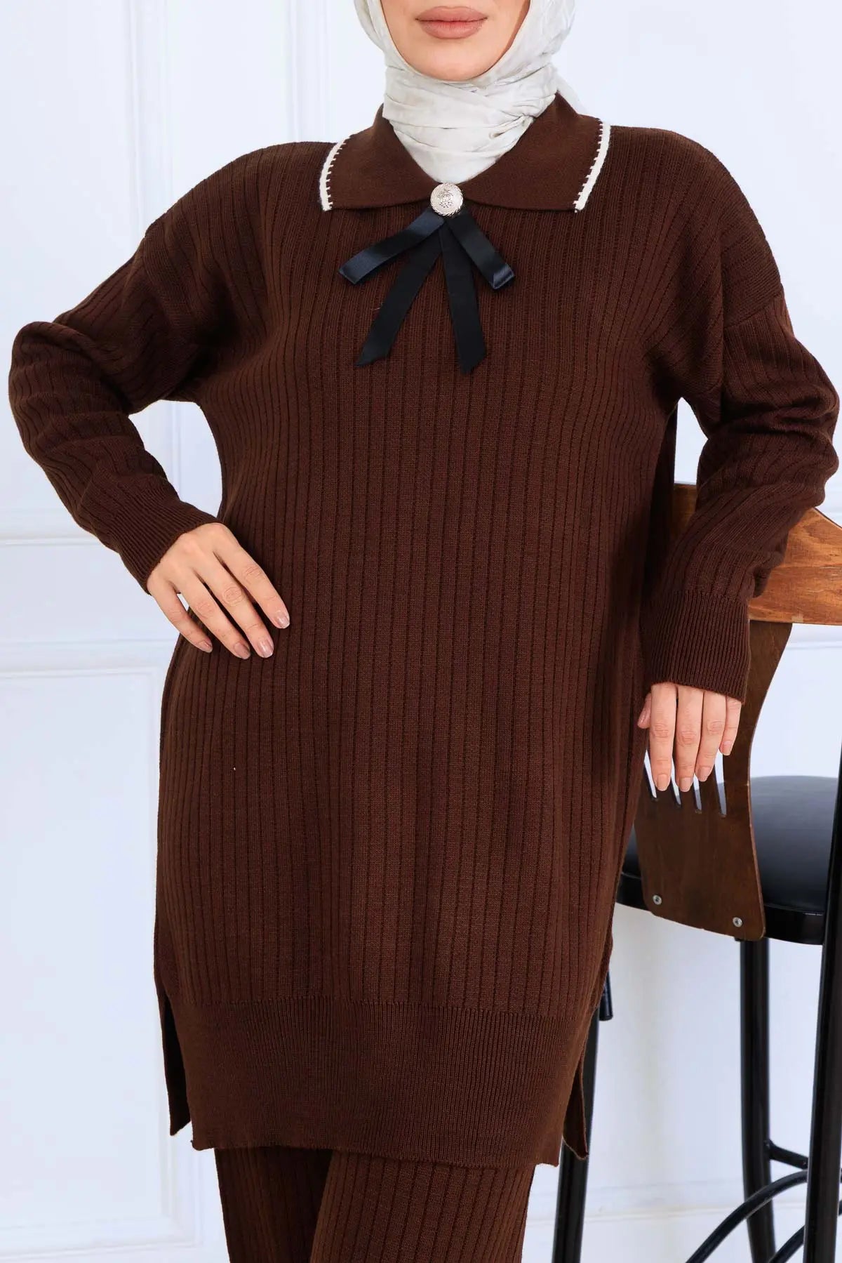 Ribbon Detail Knitwear Set | Brown – NEOMODEST, image 4