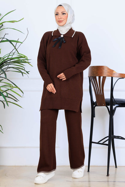 Ribbon Detail Knitwear Set | Brown – NEOMODEST, image 1