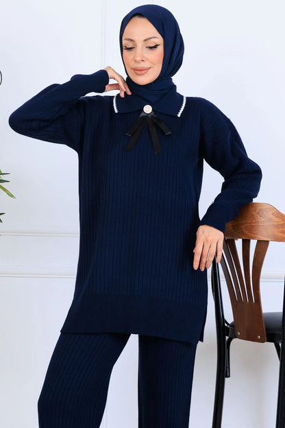 Ribbon Detail Knitwear Set | Navy Blue – NEOMODEST, image 3