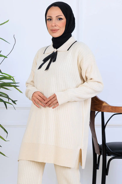Ribbon Detail Knitwear Set | Beige – NEOMODEST, image 2