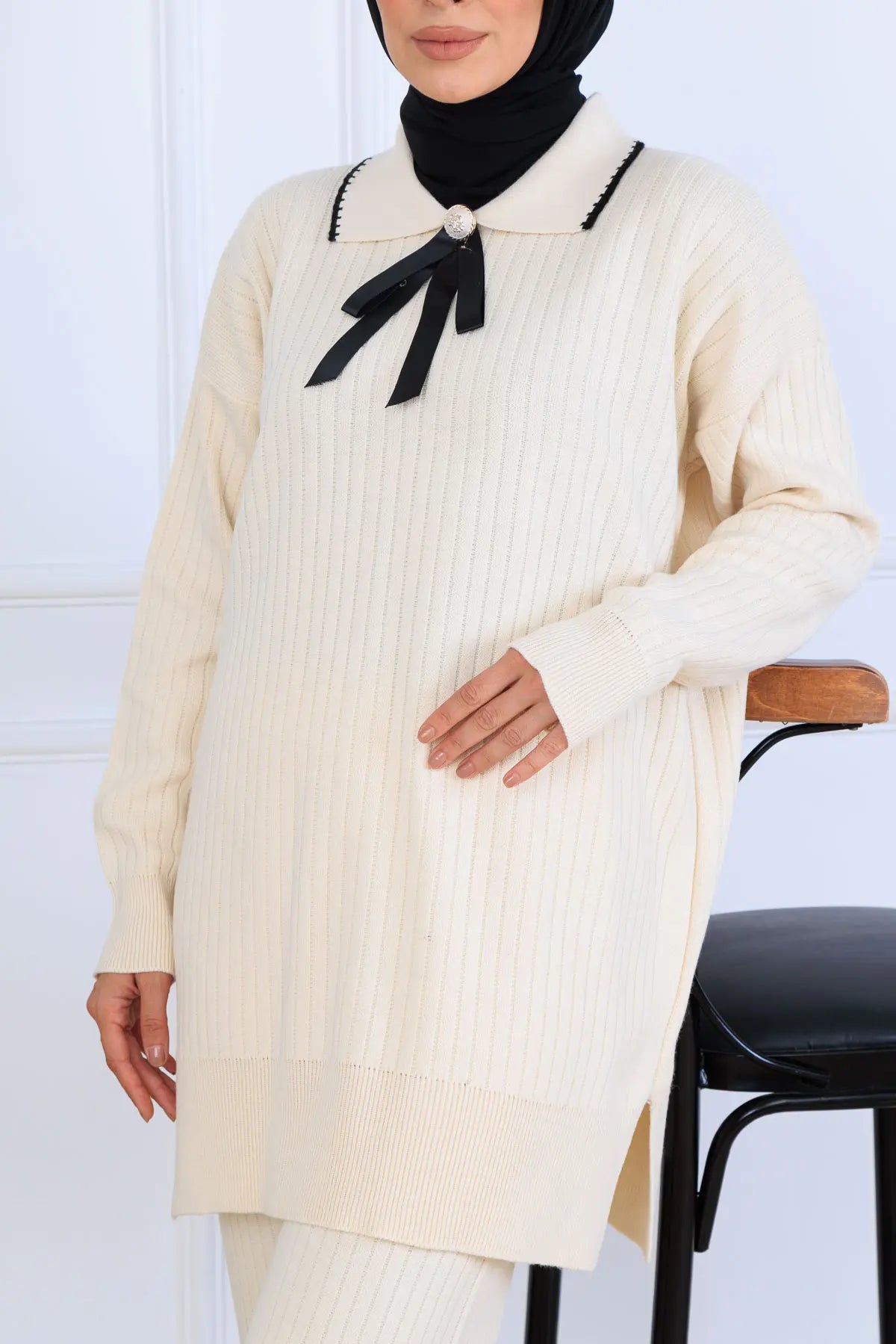 Ribbon Detail Knitwear Set | Beige – NEOMODEST, image 3
