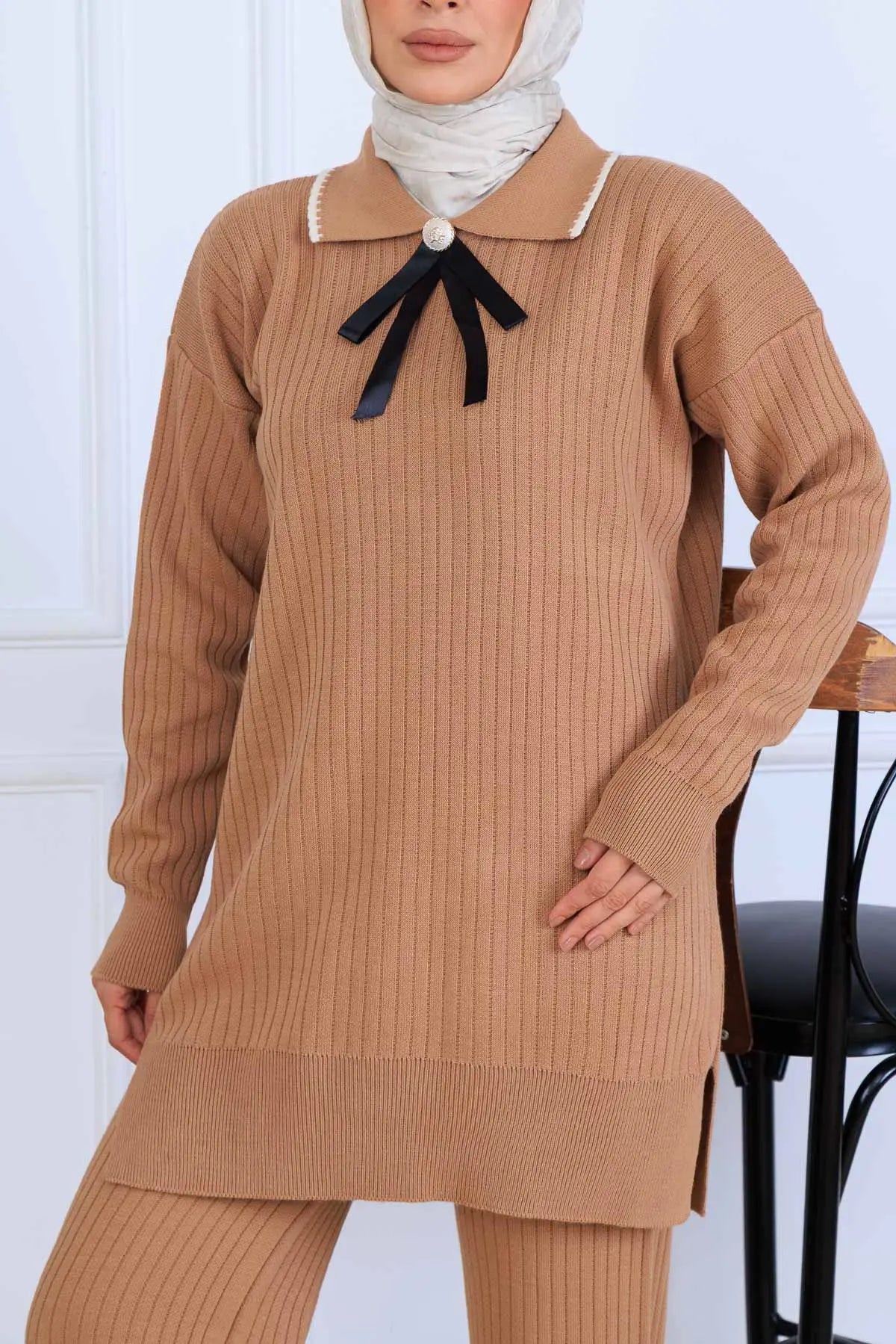 Ribbon Detail Knitwear Set | Camel – NEOMODEST, image 4