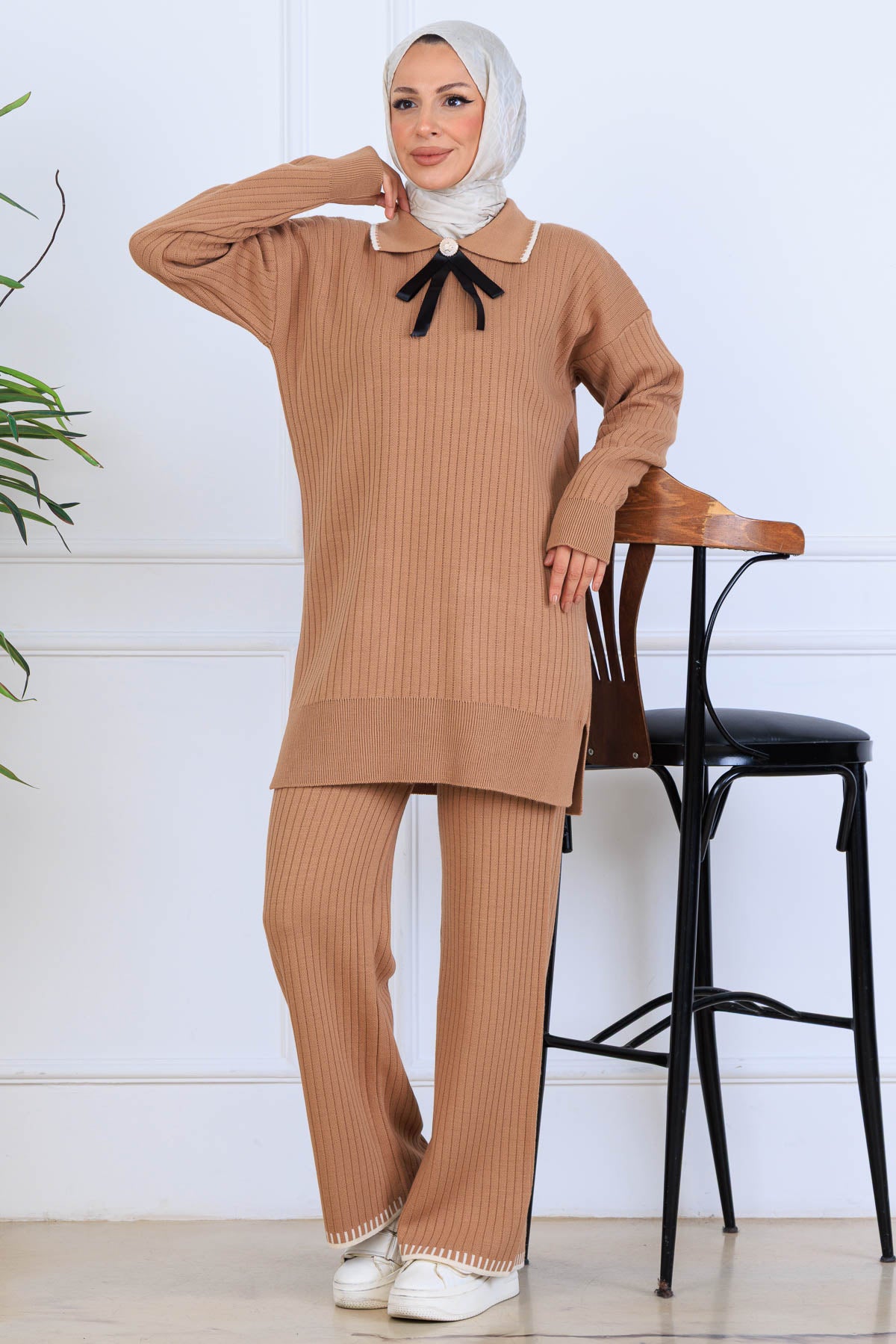 Ribbon Detail Knitwear Set | Camel – NEOMODEST, image 1
