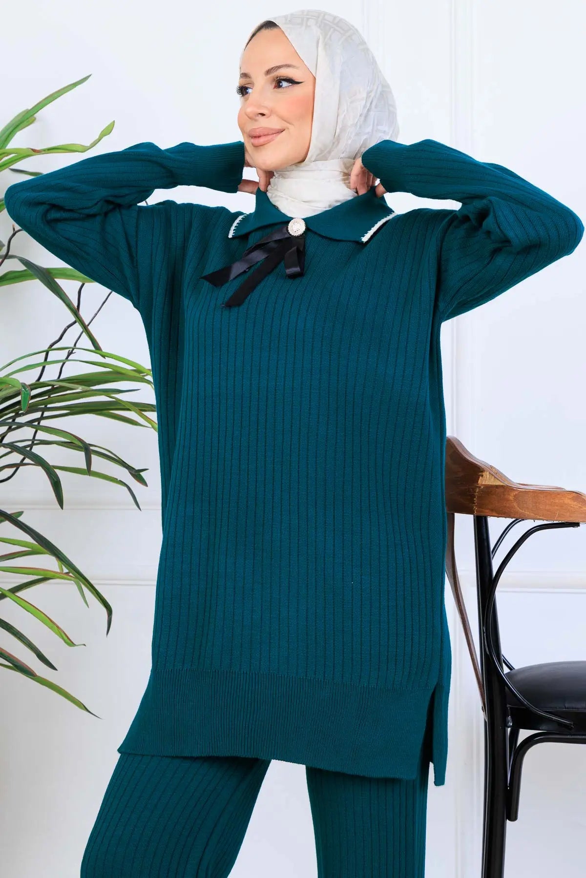 Ribbon Detail Knitwear Set | Petroleum Blue – NEOMODEST, image 3