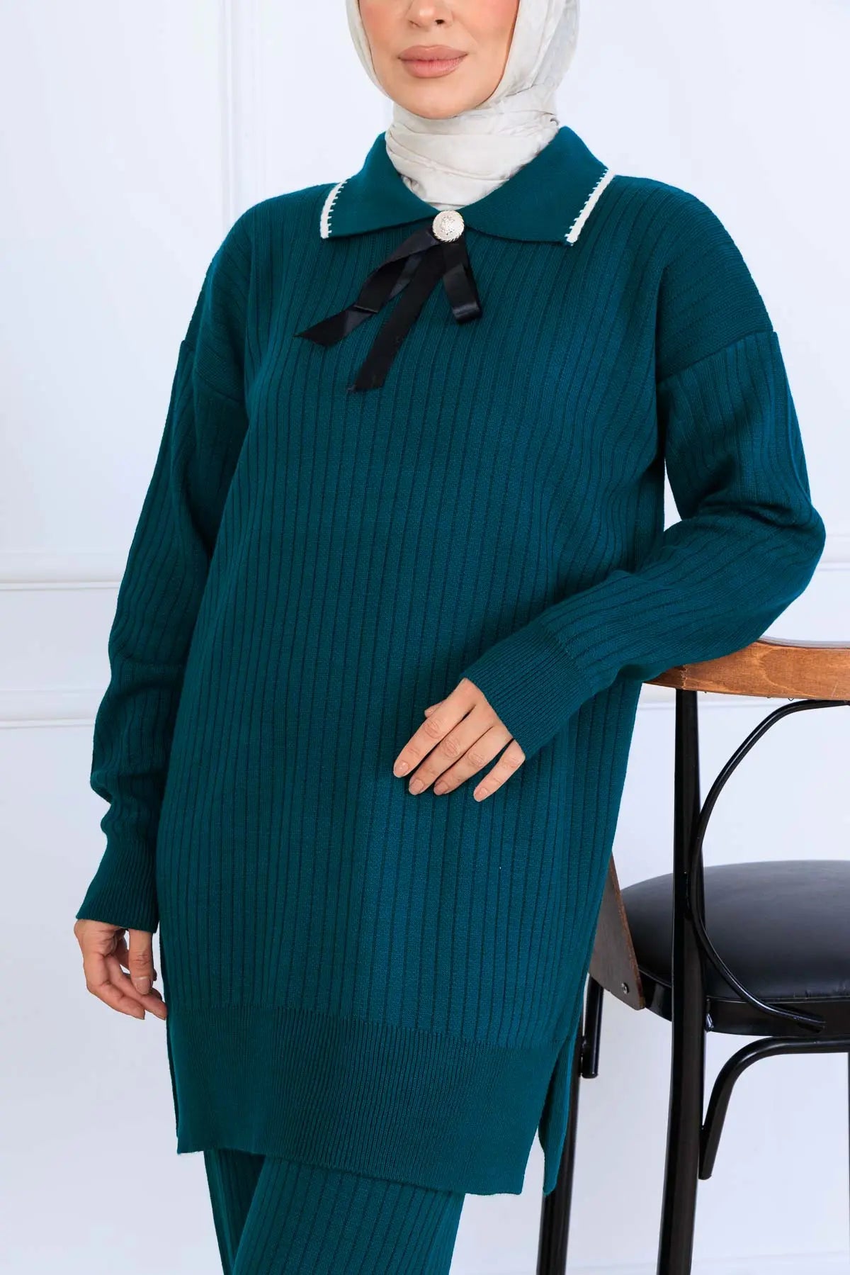 Ribbon Detail Knitwear Set | Petroleum Blue – NEOMODEST, image 4