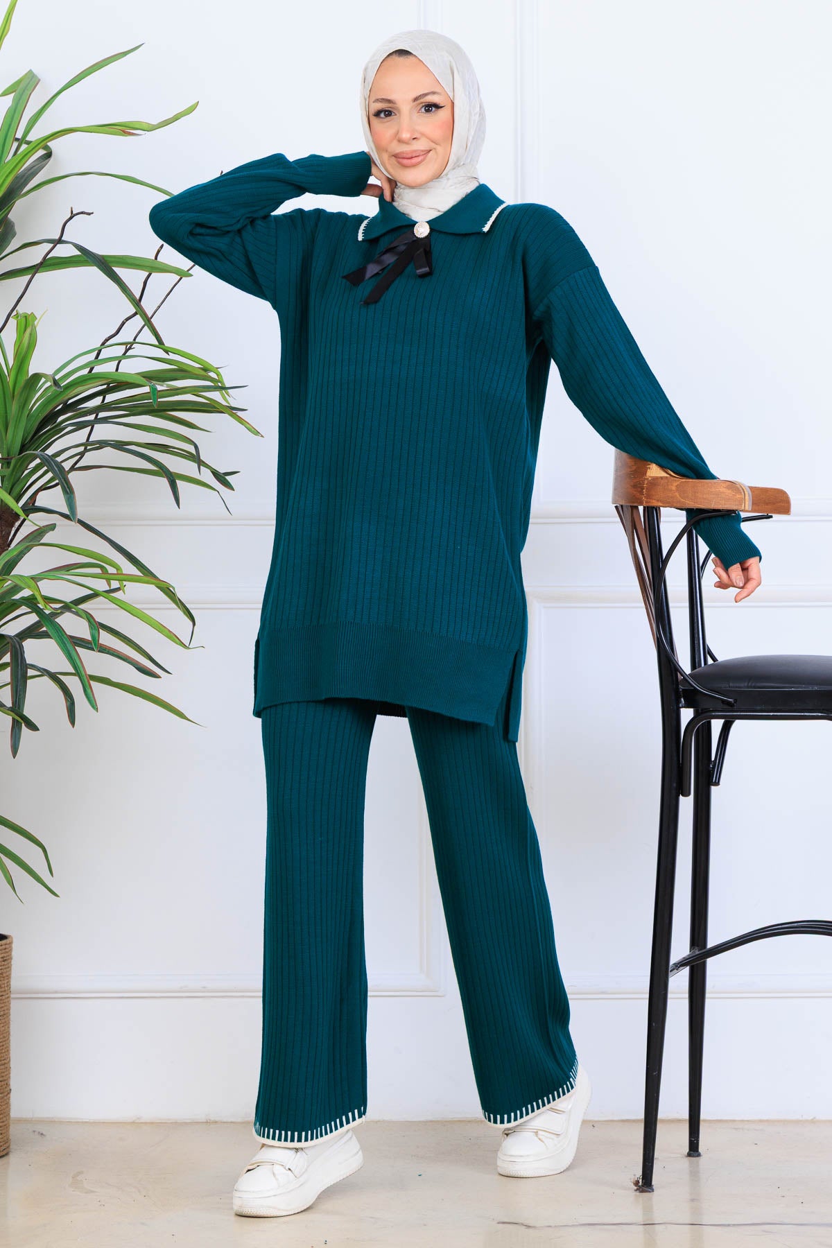 Ribbon Detail Knitwear Set | Petroleum Blue – NEOMODEST, image 1