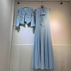 Round Neck Bowknot Flower Patchwork Pleated Skirt Dress