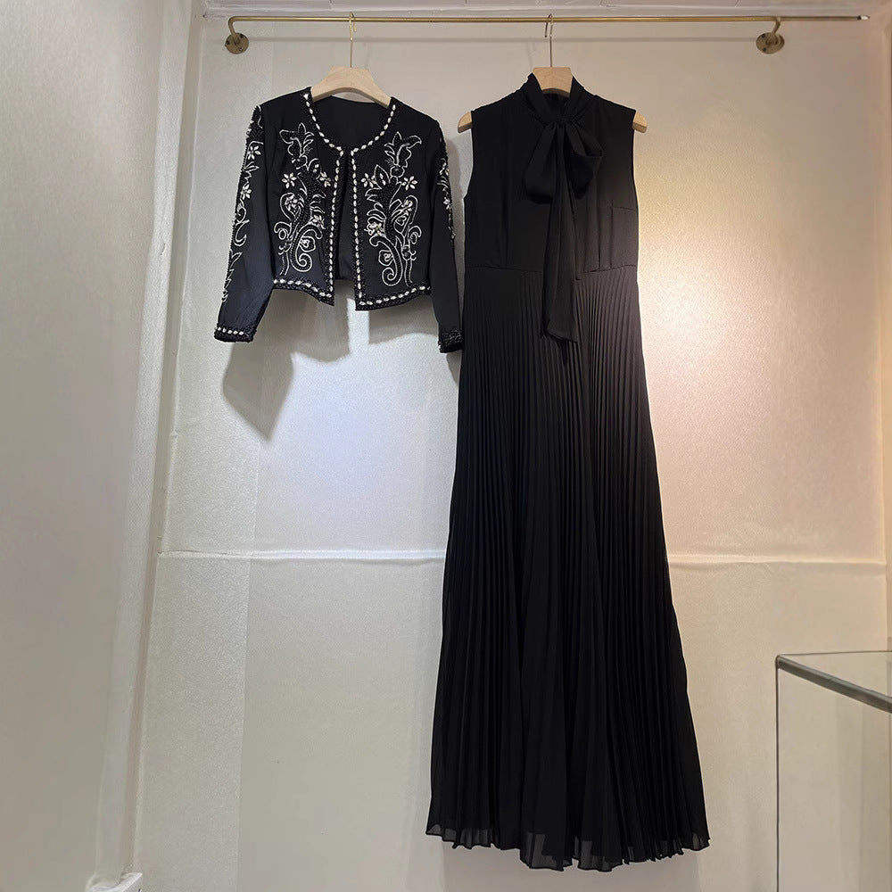 Round Neck Bowknot Flower Patchwork Pleated Skirt Dress