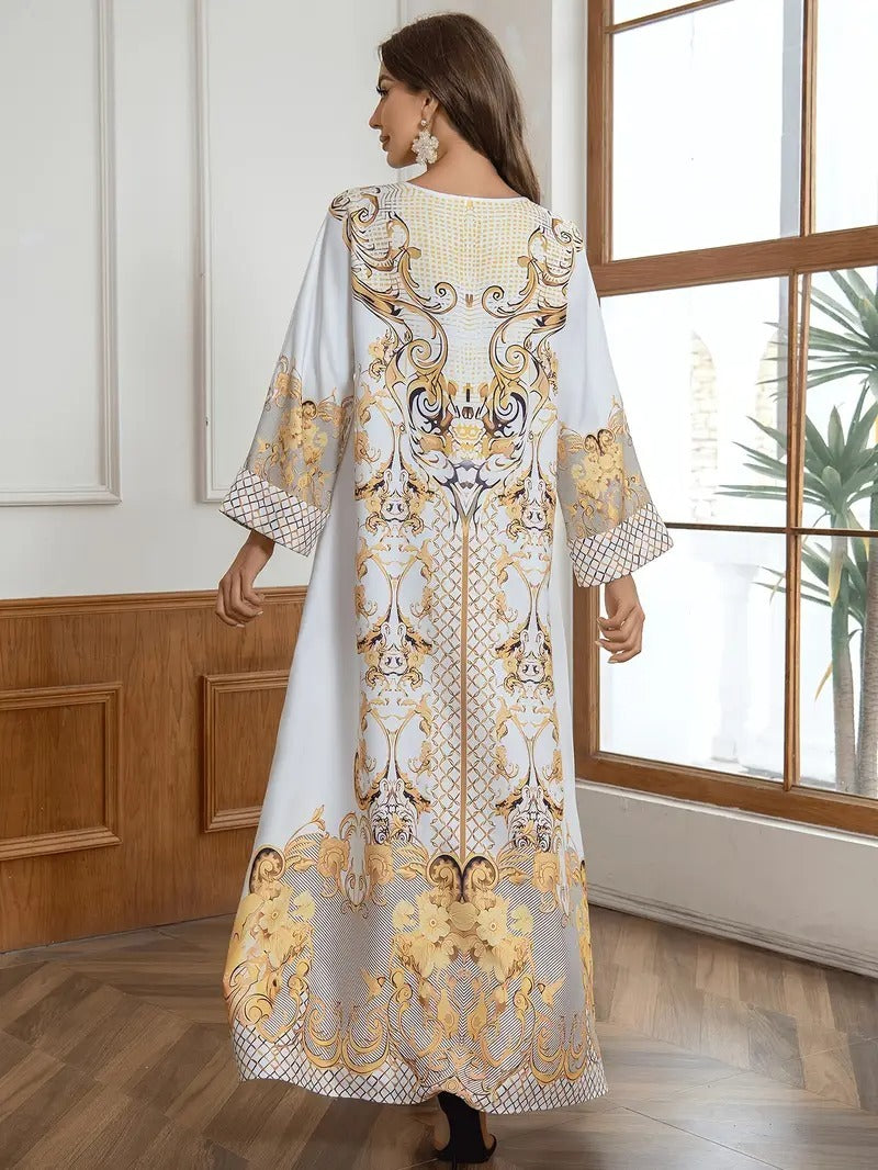 Round Neck Rhinestone Decorative Print Long Abaya Dress - Abaya dress