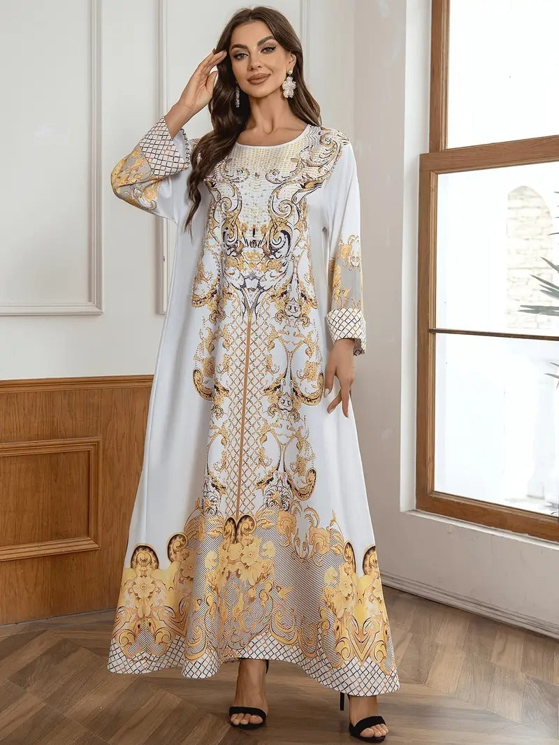 Round Neck Rhinestone Decorative Print Long Abaya Dress - Abaya dress