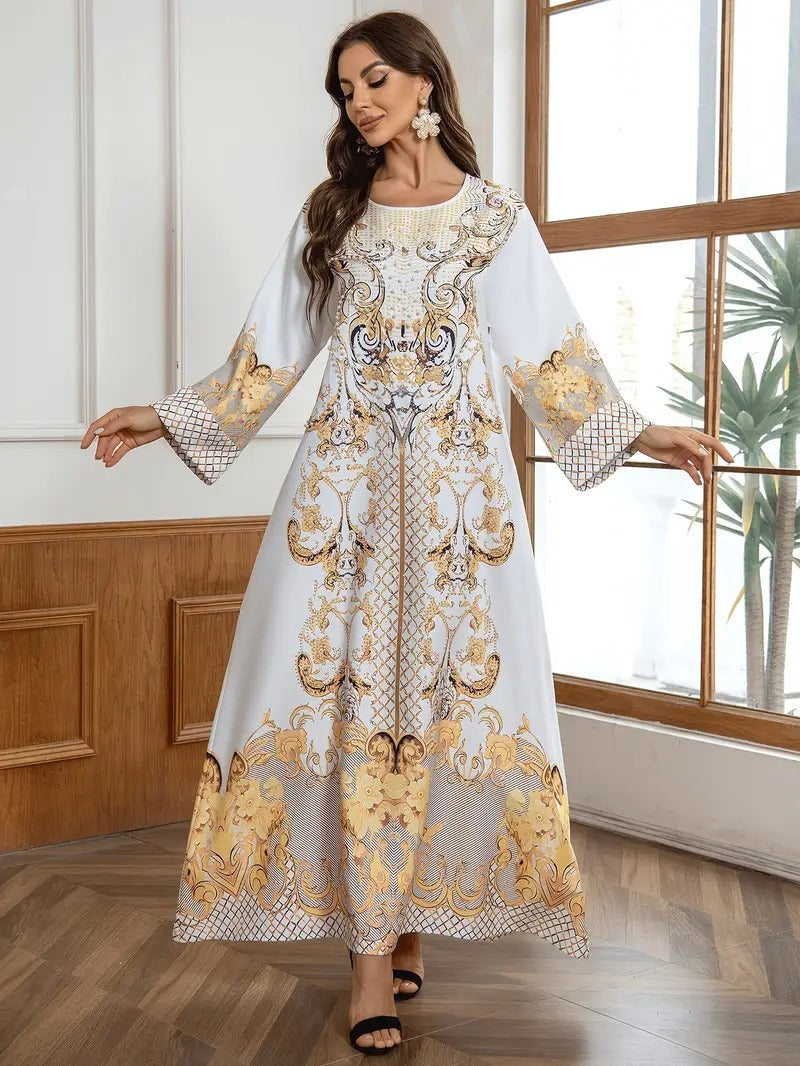 Round Neck Rhinestone Decorative Print Long Abaya Dress - Abaya dress