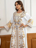 Round Neck Rhinestone Decorative Print Long Abaya Dress - Abaya dress