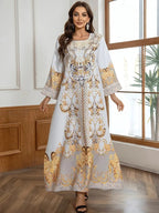 Round Neck Rhinestone Decorative Print Long Abaya Dress - White / L - Abaya dress